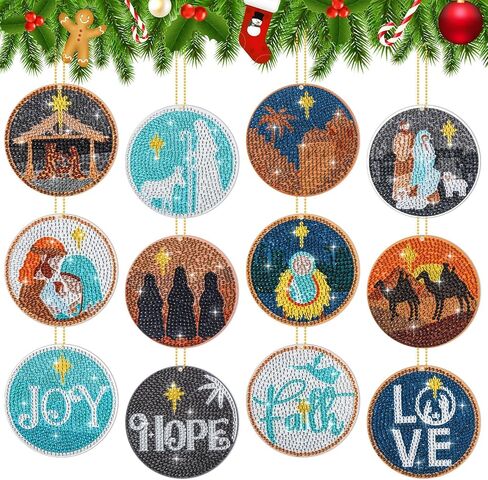Cinnvoice 12 Pcs Christmas Nativity Scene Diamond Art Painting Keychains Jesus Diamond 5d DIY Painting Ornament Kits Xmas Hanging Paint Kits for Family DIY Crafts Keychains Home Holiday Decor in Saudi Arabia