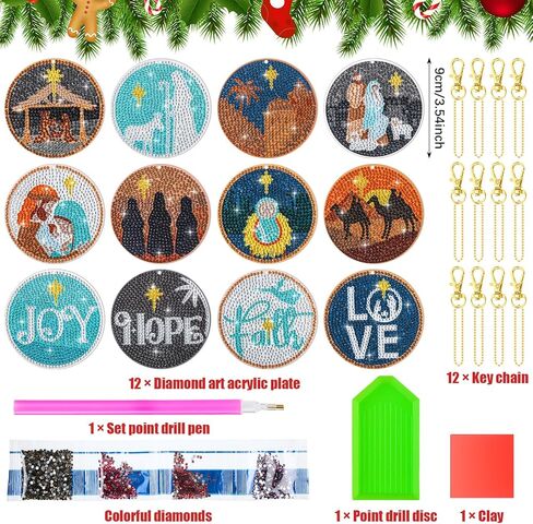 Cinnvoice 12 Pcs Christmas Nativity Scene Diamond Art Painting Keychains Jesus Diamond 5d DIY Painting Ornament Kits Xmas Hanging Paint Kits for Family DIY Crafts Keychains Home Holiday Decor in Saudi Arabia