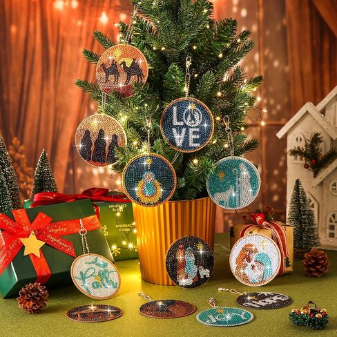 Cinnvoice 12 Pcs Christmas Nativity Scene Diamond Art Painting Keychains Jesus Diamond 5d DIY Painting Ornament Kits Xmas Hanging Paint Kits for Family DIY Crafts Keychains Home Holiday Decor in Saudi Arabia