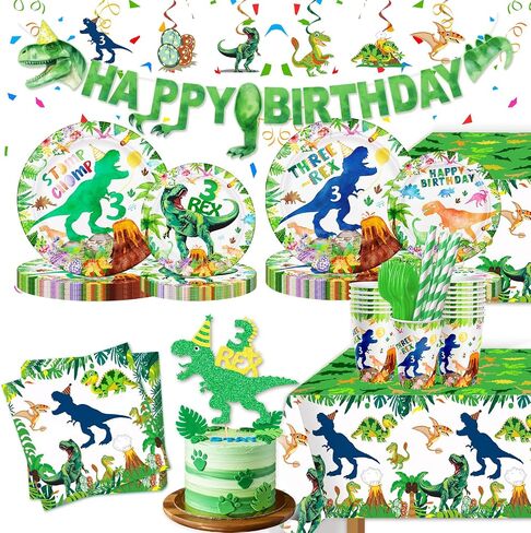 154ps ثلاثة ديكورات عيد ميلاد REX Boy Dinosaur 3rd Bday Tableware Jungle T-Rex 3 Rex Dino Plates Napkins Banner TableCloth Dino Party Supplies Service 24 in Saudi Arabia