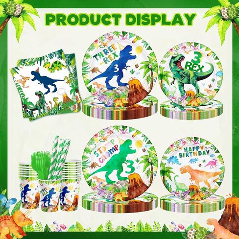 154ps ثلاثة ديكورات عيد ميلاد REX Boy Dinosaur 3rd Bday Tableware Jungle T-Rex 3 Rex Dino Plates Napkins Banner TableCloth Dino Party Supplies Service 24 in Saudi Arabia