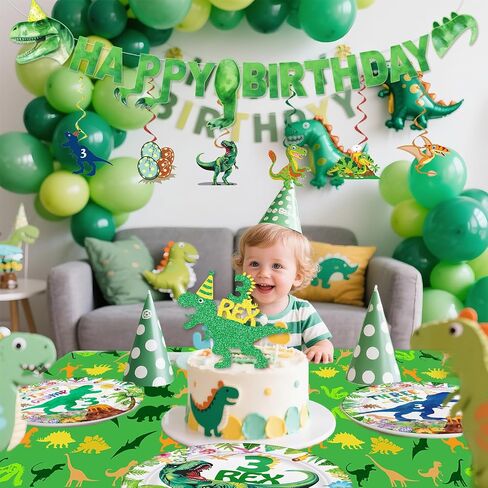 154ps ثلاثة ديكورات عيد ميلاد REX Boy Dinosaur 3rd Bday Tableware Jungle T-Rex 3 Rex Dino Plates Napkins Banner TableCloth Dino Party Supplies Service 24 in Saudi Arabia