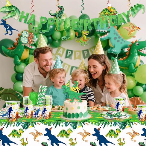 154ps ثلاثة ديكورات عيد ميلاد REX Boy Dinosaur 3rd Bday Tableware Jungle T-Rex 3 Rex Dino Plates Napkins Banner TableCloth Dino Party Supplies Service 24 in Saudi Arabia