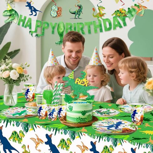 154ps ثلاثة ديكورات عيد ميلاد REX Boy Dinosaur 3rd Bday Tableware Jungle T-Rex 3 Rex Dino Plates Napkins Banner TableCloth Dino Party Supplies Service 24 in Saudi Arabia