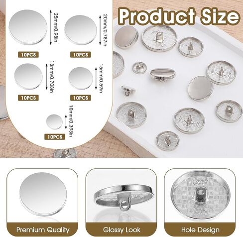 jieyao 50pcs الأزرار المسطحة المعدنية الفضية للألواح ، أزرار خياطة مستديرة على شكل نساء للنساء بدلة معطف السترة قميص 10 مم 18 مم 15 مم 20 مم (فضية) in Kuwait