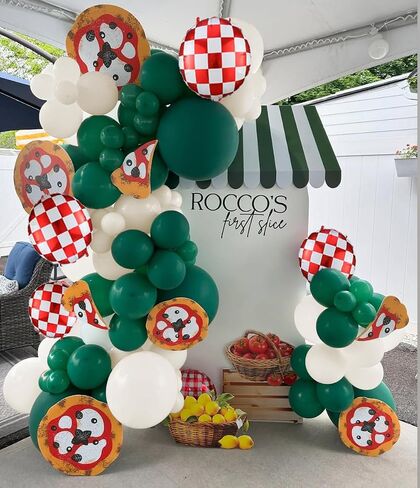 PageebO Pizza Party Decorations，150PCS Red Green Ivory White Balloons with Pizza Checkered Balloons for Pizza Party Favors BBQ Picnic Birthday Party Decorations Slice Slice Baby Shower Home Decor in Kuwait