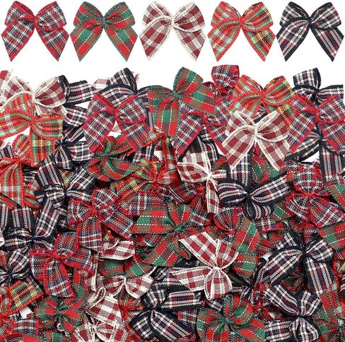 Chuangdi 150 Pcs Christmas Mini Plaid Ribbon Bows Buffalo Plaid Bows Ribbon Bow Appliques DIY Craft for Sewing, Scrapbooking, Wedding, Christmas Tree Gift Decorations (Classic) in Saudi Arabia