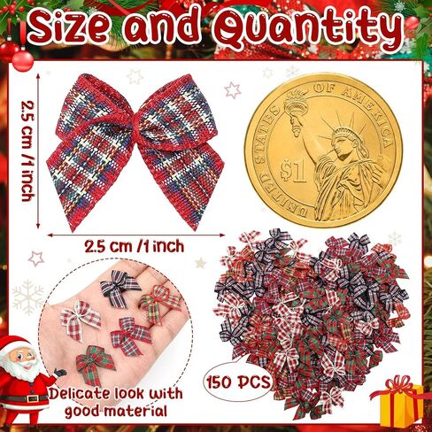 Chuangdi 150 Pcs Christmas Mini Plaid Ribbon Bows Buffalo Plaid Bows Ribbon Bow Appliques DIY Craft for Sewing, Scrapbooking, Wedding, Christmas Tree Gift Decorations (Classic) in Saudi Arabia