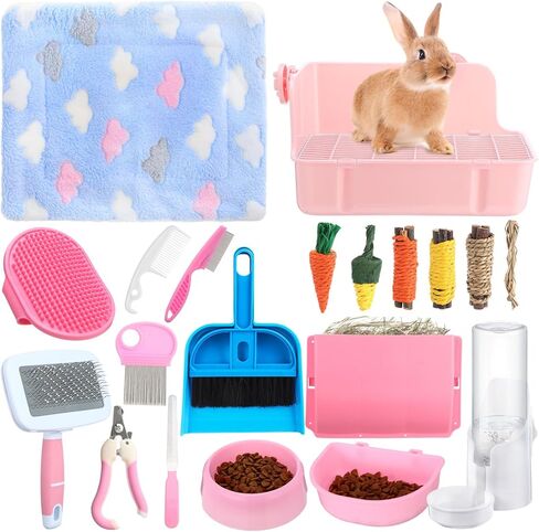 20 PCS Rabbit Starter Kit Small Bunny Streter Box Kit Animal Grooming Kit with Hanging Pet Bowls Bott Bunny Toys Flannel Bannels with Cleaning Tet for Ginea Pig Rabbitico (Pink) in Kuwait