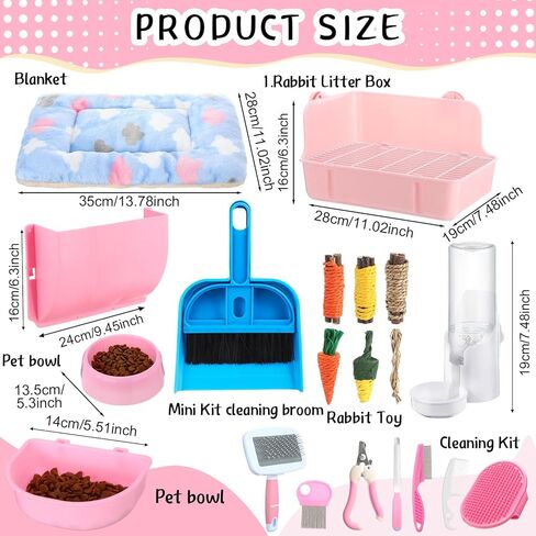 20 PCS Rabbit Starter Kit Small Bunny Streter Box Kit Animal Grooming Kit with Hanging Pet Bowls Bott Bunny Toys Flannel Bannels with Cleaning Tet for Ginea Pig Rabbitico (Pink) in Kuwait