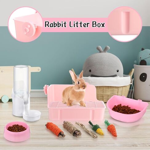 20 PCS Rabbit Starter Kit Small Bunny Streter Box Kit Animal Grooming Kit with Hanging Pet Bowls Bott Bunny Toys Flannel Bannels with Cleaning Tet for Ginea Pig Rabbitico (Pink) in Kuwait