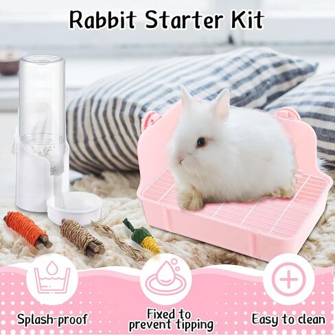 20 PCS Rabbit Starter Kit Small Bunny Streter Box Kit Animal Grooming Kit with Hanging Pet Bowls Bott Bunny Toys Flannel Bannels with Cleaning Tet for Ginea Pig Rabbitico (Pink) in Kuwait