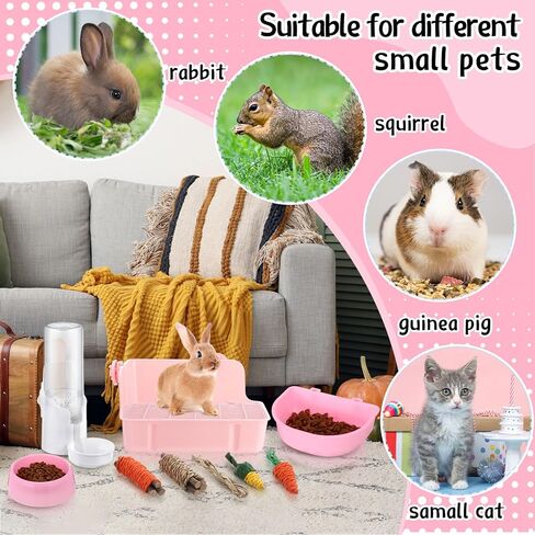 20 PCS Rabbit Starter Kit Small Bunny Streter Box Kit Animal Grooming Kit with Hanging Pet Bowls Bott Bunny Toys Flannel Bannels with Cleaning Tet for Ginea Pig Rabbitico (Pink) in Kuwait