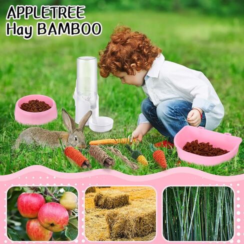 20 PCS Rabbit Starter Kit Small Bunny Streter Box Kit Animal Grooming Kit with Hanging Pet Bowls Bott Bunny Toys Flannel Bannels with Cleaning Tet for Ginea Pig Rabbitico (Pink) in Kuwait