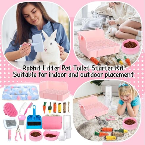 20 PCS Rabbit Starter Kit Small Bunny Streter Box Kit Animal Grooming Kit with Hanging Pet Bowls Bott Bunny Toys Flannel Bannels with Cleaning Tet for Ginea Pig Rabbitico (Pink) in Kuwait