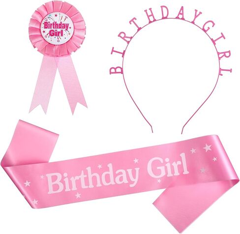 Birthday Girl Crown with Sash and Birthday Girl Award Ribbon Badge Pink Happy Bithday Tiara Award Ribbon Headband Princess for Women Birthdays Party Decorations in Saudi Arabia