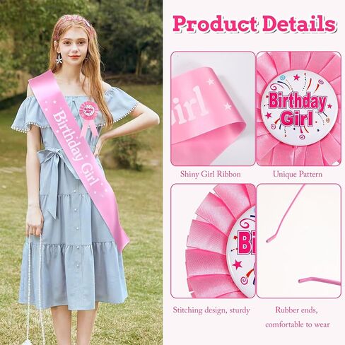 Birthday Girl Crown with Sash and Birthday Girl Award Ribbon Badge Pink Happy Bithday Tiara Award Ribbon Headband Princess for Women Birthdays Party Decorations in Saudi Arabia