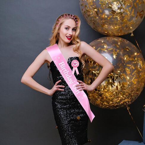Birthday Girl Crown with Sash and Birthday Girl Award Ribbon Badge Pink Happy Bithday Tiara Award Ribbon Headband Princess for Women Birthdays Party Decorations in Saudi Arabia