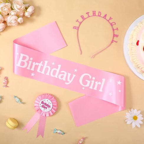 Birthday Girl Crown with Sash and Birthday Girl Award Ribbon Badge Pink Happy Bithday Tiara Award Ribbon Headband Princess for Women Birthdays Party Decorations in Saudi Arabia