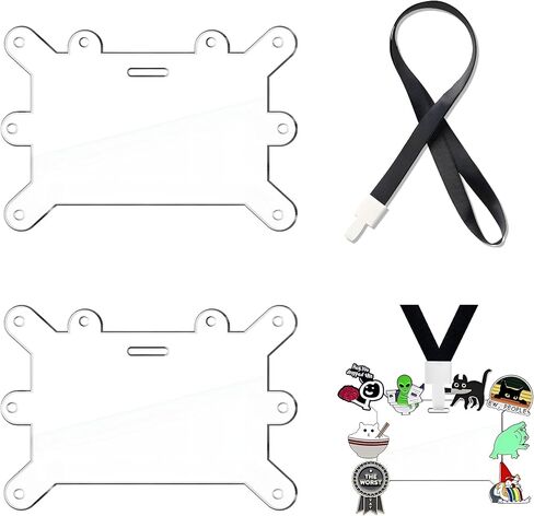 2 Pack Badge Buddy Pin Holder with 1 Pcs Black Lanyard, Horizontal Acrylic Badge Topper Adapter, Display Cute, Funny, Trading, Awards & Accessories for Nurses, Teachers, Office Staff in Saudi Arabia