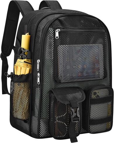 Mesh Backpack for School,with Inner Laptop Compartment,Semi-transparent Bookbag with Bungee and Comfort Padded Straps for Beach, Swimming, Sports, Work, Travel-Black in Kuwait