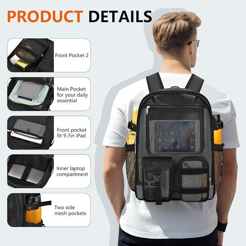 Mesh Backpack for School,with Inner Laptop Compartment,Semi-transparent Bookbag with Bungee and Comfort Padded Straps for Beach, Swimming, Sports, Work, Travel-Black in Kuwait