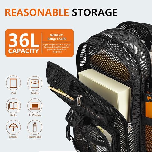Mesh Backpack for School,with Inner Laptop Compartment,Semi-transparent Bookbag with Bungee and Comfort Padded Straps for Beach, Swimming, Sports, Work, Travel-Black in Kuwait