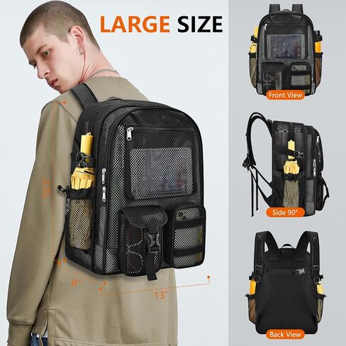 Mesh Backpack for School,with Inner Laptop Compartment,Semi-transparent Bookbag with Bungee and Comfort Padded Straps for Beach, Swimming, Sports, Work, Travel-Black in Kuwait