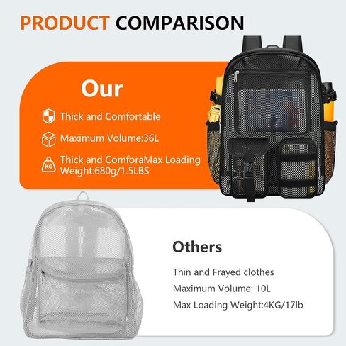 Mesh Backpack for School,with Inner Laptop Compartment,Semi-transparent Bookbag with Bungee and Comfort Padded Straps for Beach, Swimming, Sports, Work, Travel-Black in Kuwait
