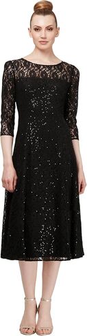 S.L. Fashions Women's Midi Length Sequin Fit and Flare Dress (Missy Petite), Navy Lace, 14P in Saudi Arabia