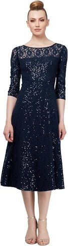 S.L. Fashions Women's Midi Length Sequin Fit and Flare Dress (Missy Petite), Navy Lace, 14P in Saudi Arabia