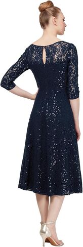 S.L. Fashions Women's Midi Length Sequin Fit and Flare Dress (Missy Petite), Navy Lace, 14P in Saudi Arabia