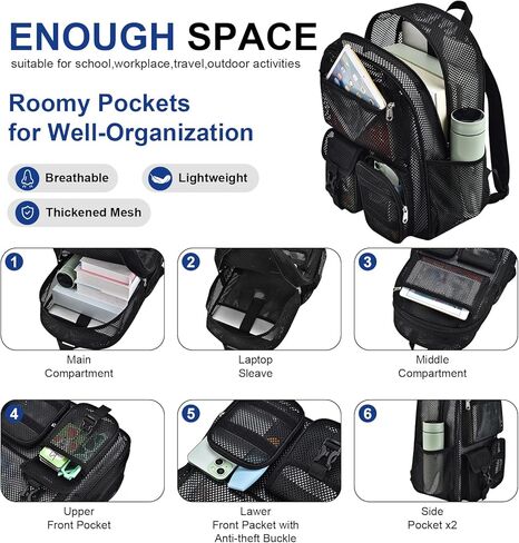 حقيبة ظهر للشبكة للمدرسة ، مع مقصورة كمبيوتر محمول داخلية ، وحقبة كتب شبه شفافة مع بنجي وأشرطة مبطنة للشاطئ ، والسباحة ، والرياضة ، والعمل ، والسفر الأسود in Kuwait