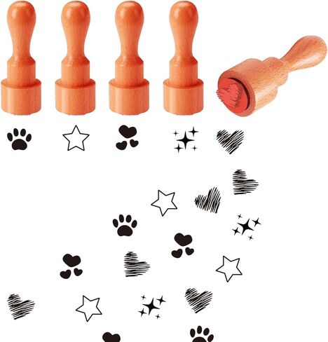 AHANDMAKER 5 Styles Patterns Wooden Rubber Stamp Small Mini Stamp Star, Heart, Claw Round Rubber Stamp for DIY Making Scrapbooking Card Stamping Crafting in Saudi Arabia