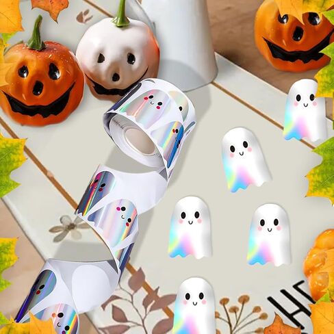 500Pcs Halloween Ghost Stickers Roll - Laser Cute Boo Ghost Self-Adhesive Stickers, Holographic Waterproof Decals for Halloween Party Envelope Scrapbook Decor Supplies in Saudi Arabia
