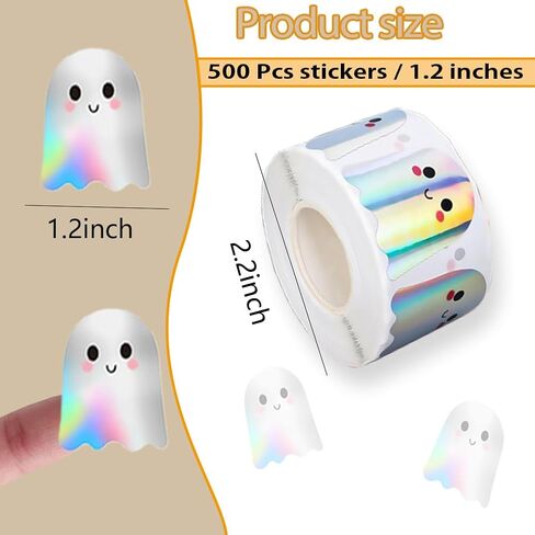 500Pcs Halloween Ghost Stickers Roll - Laser Cute Boo Ghost Self-Adhesive Stickers, Holographic Waterproof Decals for Halloween Party Envelope Scrapbook Decor Supplies in Saudi Arabia