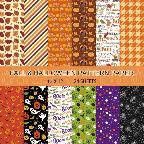 Adurself 24 Sheets Fall & Halloween Pattern Paper - 12 × 12in ، سجل القصاصات على الوجهين ، ورقة شبح Ghost Bat Spider Web Pumpkin Leaft Craft For Card Photo Abrum Journal DIY Craft in Saudi Arabia