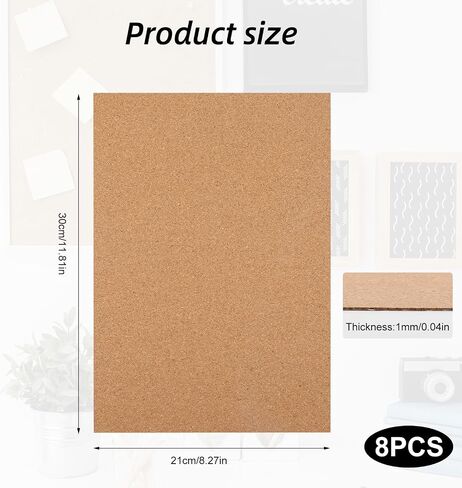 8Pcs Self Adhesive Cork Sheets,Rectangle 11.81x8.27x0.04in Cork Board with Strong Adhesive Backed,1mm Thick A4 Cork Mats Cork Board Squares for Wall Decoration Handmade Crafts Coasters in Saudi Arabia