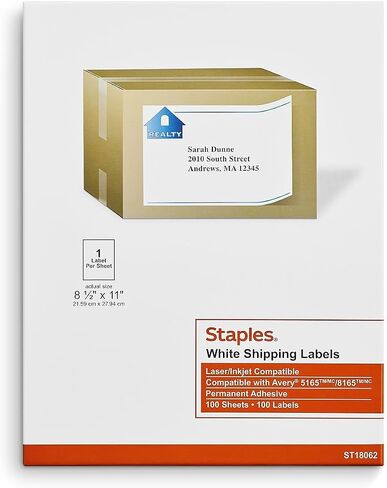 Staples Laser/Inkjet Shipping Labels ، 8 1/2 بوصة × 11 بوصة ، أبيض ، ملصق/ورقة ، 200/carton (ST18062-CCVS) in Saudi Arabia