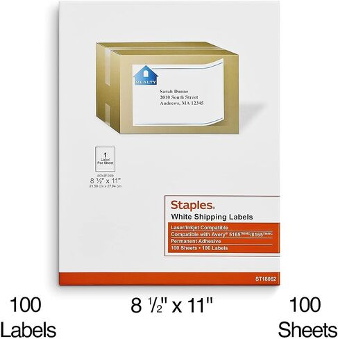 Staples Laser/Inkjet Shipping Labels ، 8 1/2 بوصة × 11 بوصة ، أبيض ، ملصق/ورقة ، 200/carton (ST18062-CCVS) in Saudi Arabia