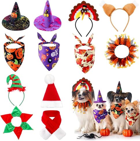 Newcotte 12 PCS Pet Halloween Cat Dog Dog Chimistgiving Christmas Hat Dick Set Pet Holdy Costume Suit Dog Cat Dress Up لعيد الميلاد في عيد الهالوين حفلة تأثيري in Saudi Arabia
