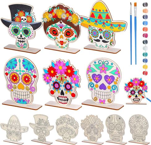 24 مجموعة من Day of the Dead Table Decorations جمجمة الحرف الجمجمة غير المكتملة جمجمة السكر الخشبي Muertos Party Supplies Sugar Skedon Decorations Mexican Mexican in Saudi Arabia