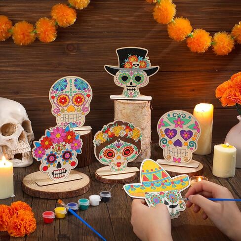 24 مجموعة من Day of the Dead Table Decorations جمجمة الحرف الجمجمة غير المكتملة جمجمة السكر الخشبي Muertos Party Supplies Sugar Skedon Decorations Mexican Mexican in Saudi Arabia