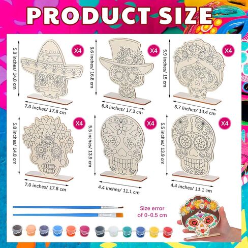 24 مجموعة من Day of the Dead Table Decorations جمجمة الحرف الجمجمة غير المكتملة جمجمة السكر الخشبي Muertos Party Supplies Sugar Skedon Decorations Mexican Mexican in Saudi Arabia