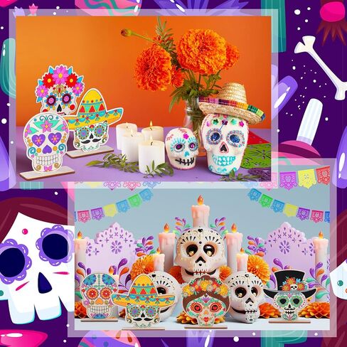 24 مجموعة من Day of the Dead Table Decorations جمجمة الحرف الجمجمة غير المكتملة جمجمة السكر الخشبي Muertos Party Supplies Sugar Skedon Decorations Mexican Mexican in Saudi Arabia