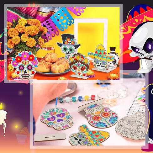 24 مجموعة من Day of the Dead Table Decorations جمجمة الحرف الجمجمة غير المكتملة جمجمة السكر الخشبي Muertos Party Supplies Sugar Skedon Decorations Mexican Mexican in Saudi Arabia