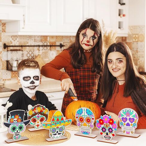 24 مجموعة من Day of the Dead Table Decorations جمجمة الحرف الجمجمة غير المكتملة جمجمة السكر الخشبي Muertos Party Supplies Sugar Skedon Decorations Mexican Mexican in Saudi Arabia