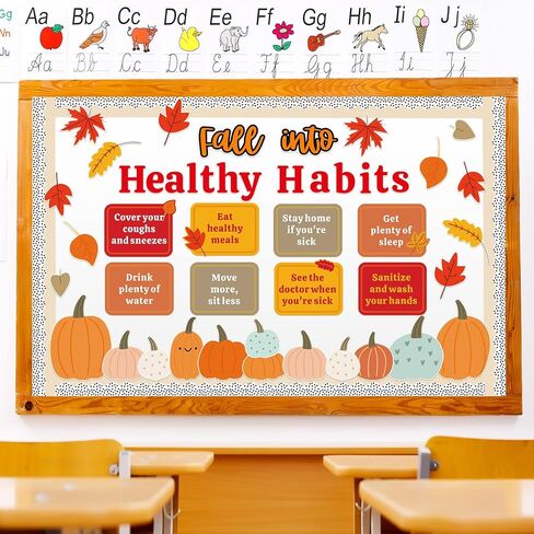 Fall Healthy Habits Bulletin Board Decorations Set Thanksgiving Bulletin Board Autumn Classroom Decor Pumpkin Maple Leaves Paper Cutouts for School Wall Decor(Harvest Healthy Habits) in Saudi Arabia