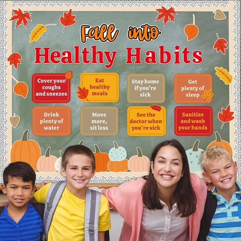 Fall Healthy Habits Bulletin Board Decorations Set Thanksgiving Bulletin Board Autumn Classroom Decor Pumpkin Maple Leaves Paper Cutouts for School Wall Decor(Harvest Healthy Habits) in Saudi Arabia