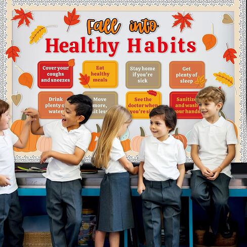 Fall Healthy Habits Bulletin Board Decorations Set Thanksgiving Bulletin Board Autumn Classroom Decor Pumpkin Maple Leaves Paper Cutouts for School Wall Decor(Harvest Healthy Habits) in Saudi Arabia
